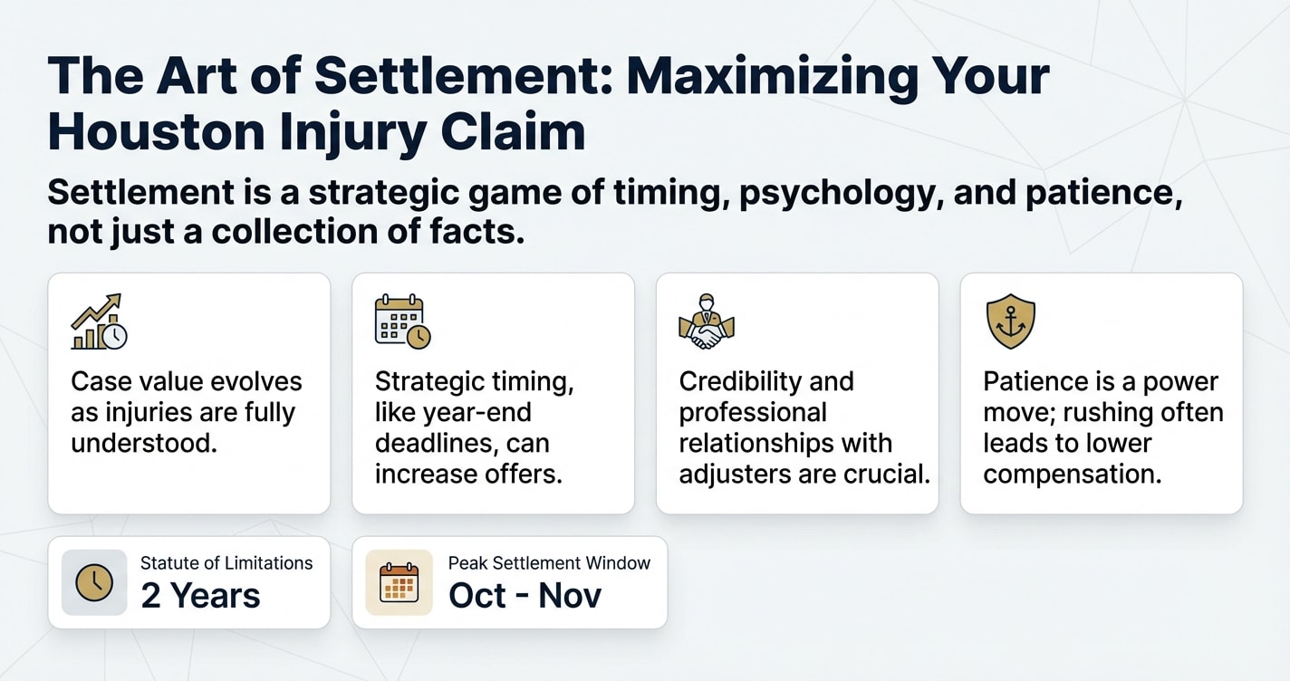 The Art of Settlement: Why Timing, Strategy, and Patience Matter in Your Houston Injury Claim